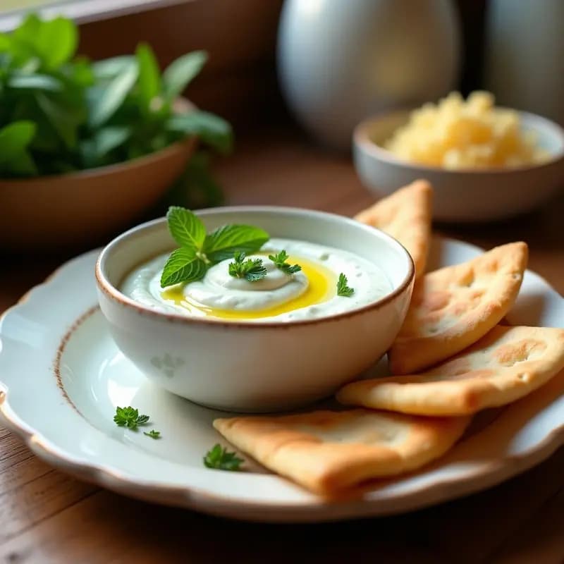 Plato blanco rústico con bol de tzatziki de pepino y menta cremoso, decorado con hojas de menta fresca y rodeado de pan de pita de garbanzo dorado y crujiente, servido en una mesa de madera con fondo borroso.