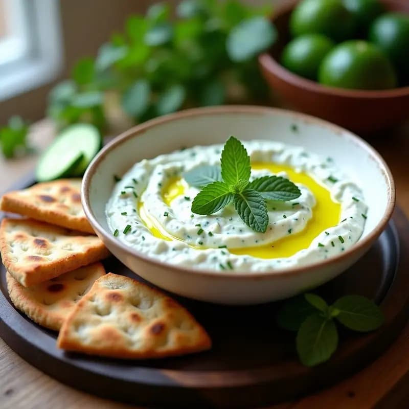 Bol de cerámica blanca con tzatziki de pepino y menta sin lactosa, cremoso y decorado con hojas de menta fresca, aceite de oliva y semillas de sésamo. Acompañado de pan de pita integral tostado en triángulos sobre una tabla de madera rústica.
