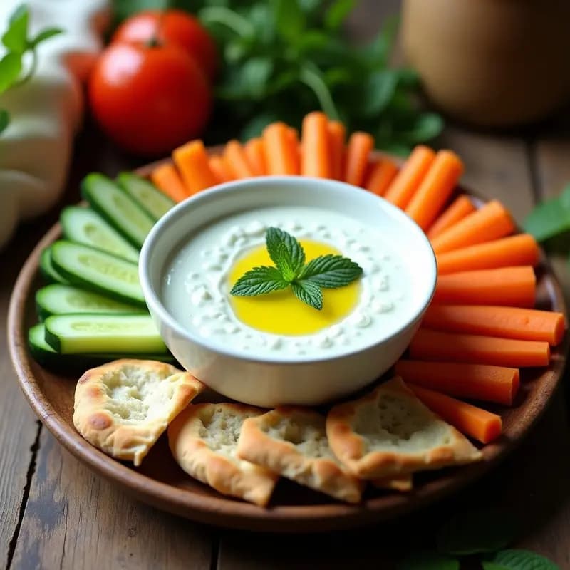 Bol de cerámica blanca con tzatziki vegano de pepino y menta con yogur de soja, decorado con un hilo de aceite de oliva y hojas de menta fresca. Acompañado de bastones de pepino, zanahoria y pan de pita integral tostado sobre una tabla de madera rústica.