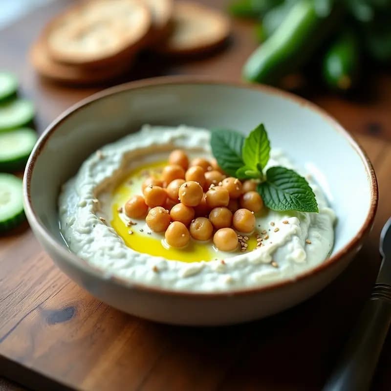 Plato blanco rústico con tzatziki cremoso de pepino y mentol, coronado por garbanzos dorados y crujientes. Acompañado de bastones de apio y zanahoria. Receta griega sin lácteos alta en proteína.