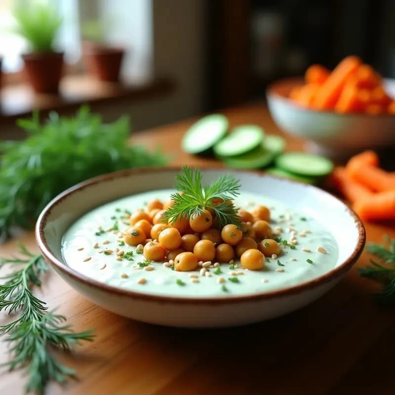 Bol de cerámica blanca con tzatziki vegano cremoso de pepino y mentolado, cubierto con crujientes de garbanzo dorados y semillas de sésamo, acompañado de bastones de apio y zanahoria. Receta de dip griego alto en proteína.