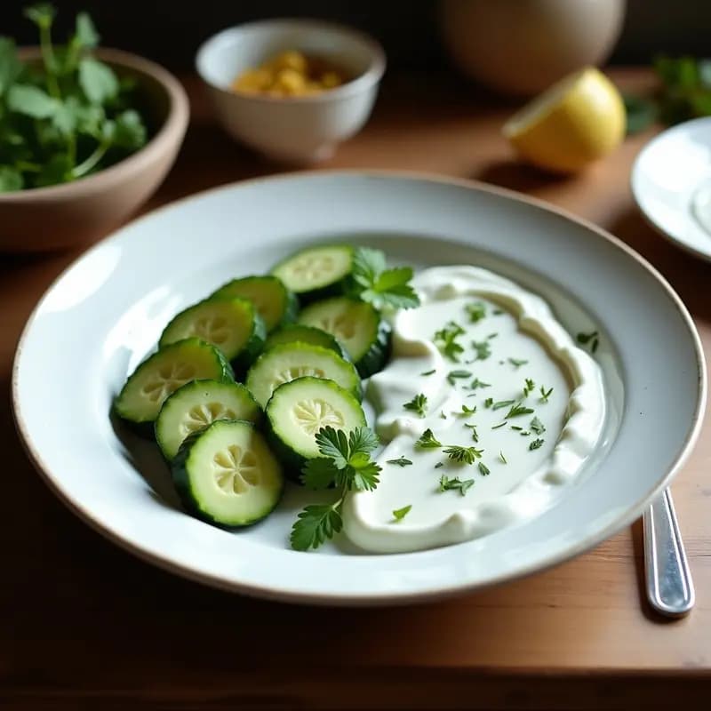 Bol de cerámica blanca con tzatziki vegana de pepino y yogur de coco, decorado con hojas de eneldo y un hilo de aceite de oliva, acompañado de pan de pita y bastones de zanahoria sobre una tabla de madera rústica.