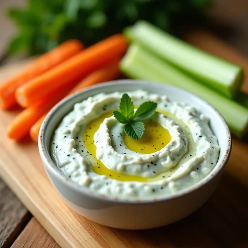 Bol de cerámica blanca con tzatziki de pepino y yogur griego sin lactosa, decorado con hierbas frescas, almendras tostadas y un hilo de aceite de oliva. Acompañado de bastones de pepino y pan de pita integral en un fondo rústico de madera.