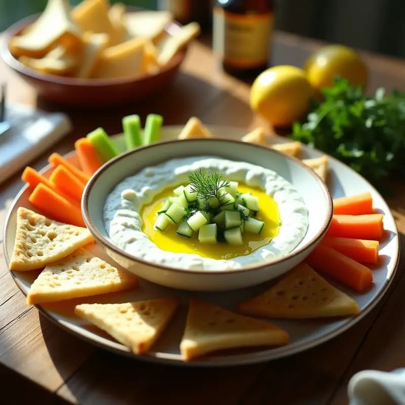 Bol de cerámica blanca con tzatziki griego cremoso, decorado con hilo de aceite de oliva, hojas de menta y rodajas de pepino. Acompañado de pan de pita tostado y crudités de zanahoria y apio sobre una mesa de madera rústica.