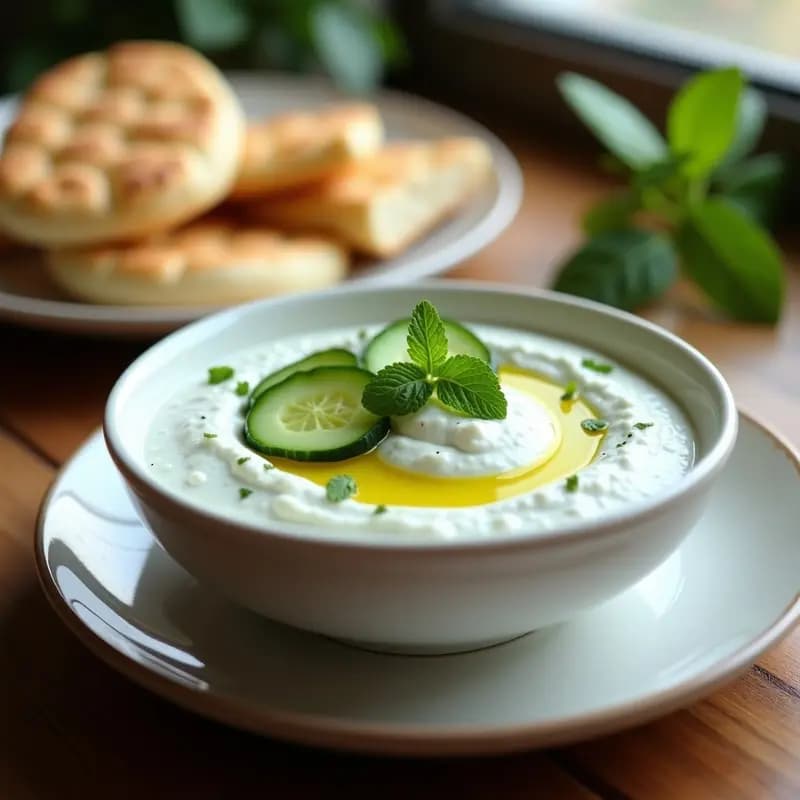 Bol de cerámica blanca con tzatziki de pepino y yogur griego en Thermomix, cremoso y con trocitos de pepino visible, decorado con hojas de menta fresca y un hilo de aceite de oliva. Acompañado de pan de pita tostado y bastones de zanahoria sobre una mesa de madera rústica.