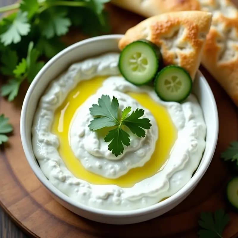 Bol de cerámica blanca con tzatziki de pepino y yogur griego cremoso, decorado con cilantro fresco y un hilo de aceite de oliva. Acompañado de pan de pita tostado y rodajas de pepino al fondo, sobre una mesa de madera rústica.
