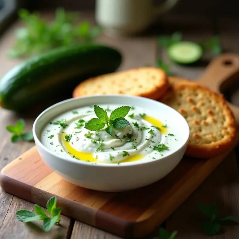 Plato de madera con tzatziki cremoso de pepino y yogur de soja, decorado con hojas de menta y eneldo, acompañado de panecillos dorados de lino. Receta griega sin lácteos.