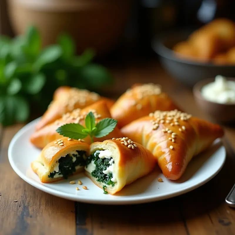 Tzijeladenes griegos dorados y crujientes en Airfryer, rellenos de espinacas y queso de cabra, servidos en un plato de cerámica blanca con semillas de sésamo y hojas de eneldo fresco.