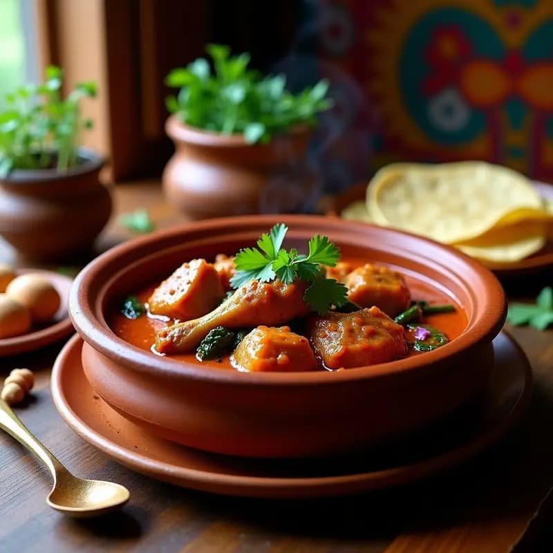 Plato de barro rústico con muslos de pollo Tzin Tzun Tzum, envueltos parcialmente en hoja de plátano, bañados en salsa roja de achiote y decorados con cilantro fresco. Fondo con elementos mayas como tortillas de maíz y chiles secos.