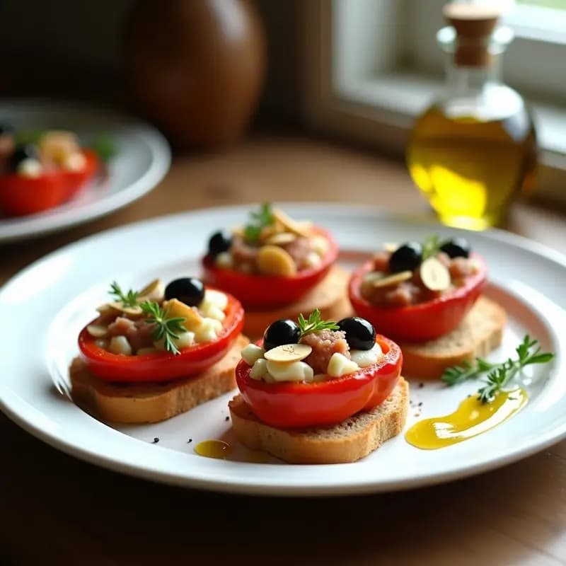 Plato blanco con ultramarinos de atún y pimientos del piquillo sobre pan de cristal tostado, decorados con cebollino y almendras fileteadas, con un fondo rústico de madera y aceite de oliva virgen extra.