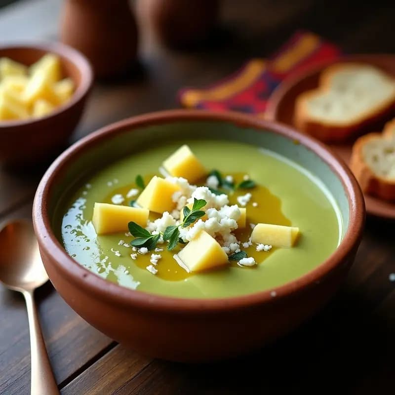 Plato hondo de barro con sopa Usba Ica, cremosa y de color verde pálido por la palta, con trozos de papa amarilla y queso fresco desmenuzado. Decorada con hojas de huacatay y un hilo de aceite de oliva, sobre una mesa rústica de madera con pan tostado al lado.