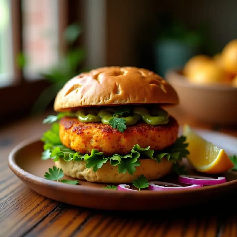 Hamburguesa india Vada Pav con vada dorado de patatas y especias, pan brioche tostado, chutneys verde y marrón, servida en plato de madera con cebolla morada y limón.