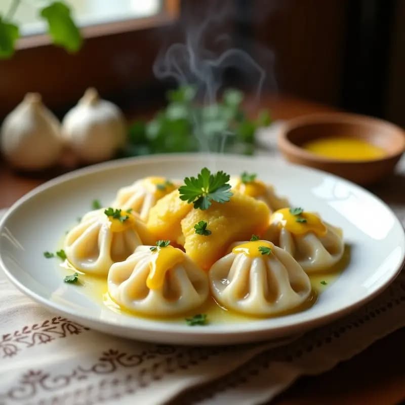 Plato de vareniki ucranianos al vapor, empanadillas semitransparentes rellenas de patata morada y queso, bañadas en mantequilla de ajo con perejil fresco, sobre fondo rústico de madera.