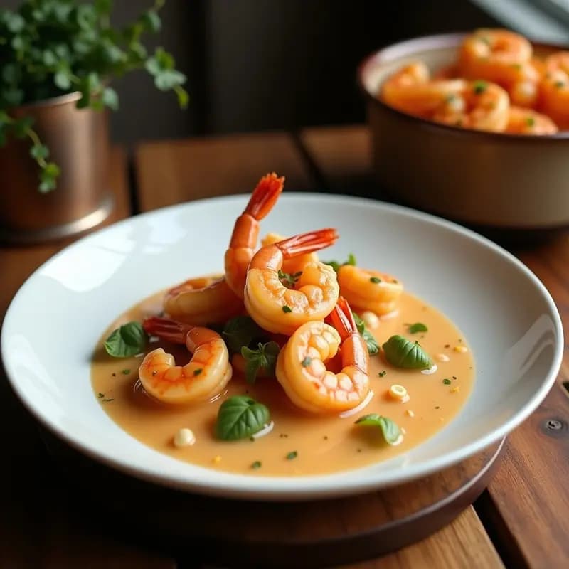 Plato hondo de barro con vatapá de camarones brasero, cremoso y picante, con leche de coco, maní tostado y cilantro fresco. Camarones rosados visibles en una salsa amarilla espesa, acompañado de arroz blanco y rodajas de limón.