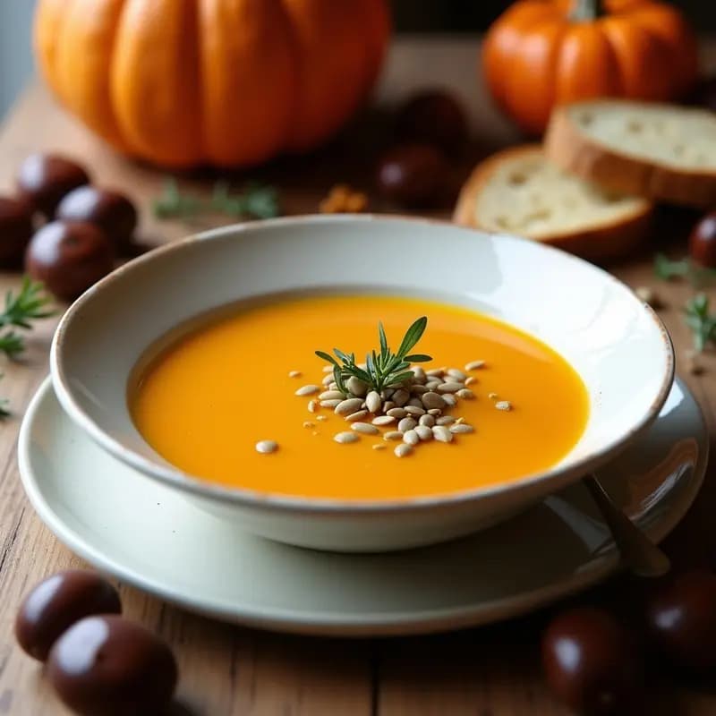 Cuenco blanco con velouté de calabaza y castañas en Thermomix, cremoso y espeso, decorado con semillas de calabaza tostadas y un hilo de aceite de oliva sobre fondo rústico de madera.