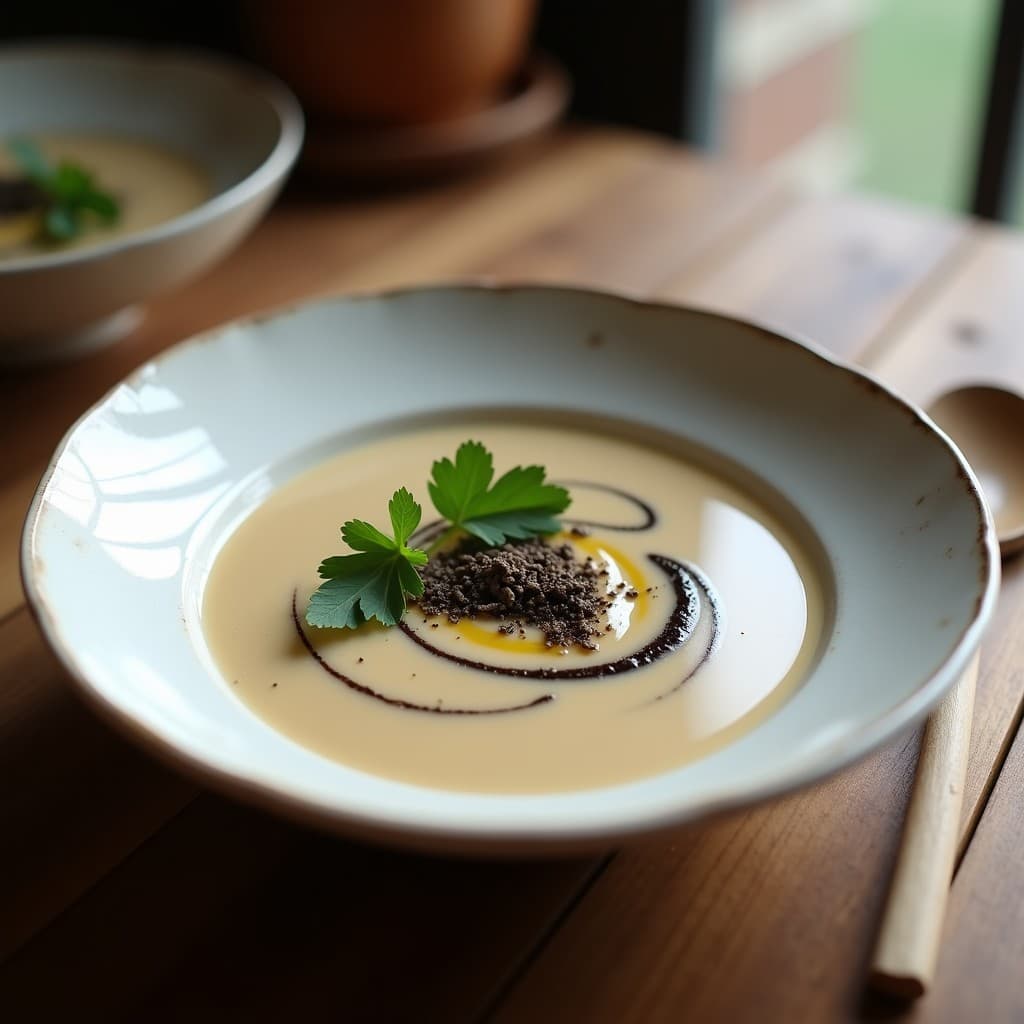 Cuenco blanco de cerámica con velouté de champiñones y trufa vegano, crema sedosa de color beige con vetas oscuras de aceite de trufa, decorado con perejil fresco y virutas de trufa negra, sobre fondo de madera rústica.