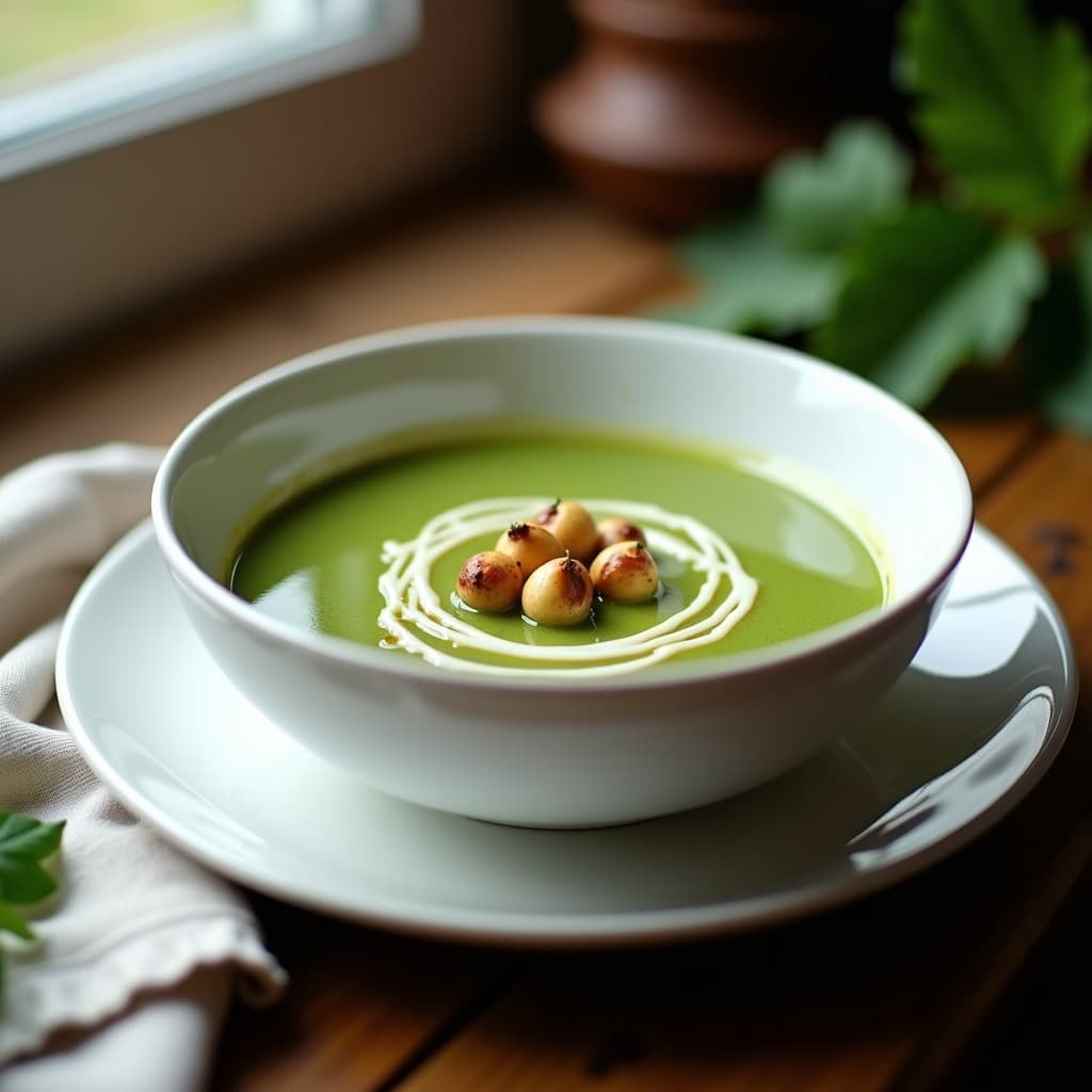 Cuenco blanco con velouté de espinacas y champiñones vegano, decorado con anacardos tostados y un hilo de aceite de oliva, sobre una mesa de madera rústica.