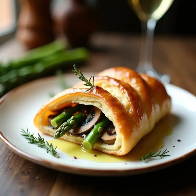 Vol au Vent vegano de champiñones portobello y espárragos trigueros sobre masa hojaldrada dorada y crujiente, con relleno cremoso y puntas de espárragos verdes como decoración, servido en plato blanco rústico.