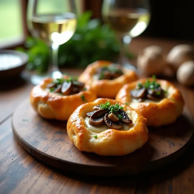 Bandeja de madera rústica con 12 volovanes de hojaldre dorado rellenos de crema de ajo negro y champiñones portobello salteados, decorados con tomillo fresco y semillas de sésamo negro, receta de aperitivo francés gourmet.