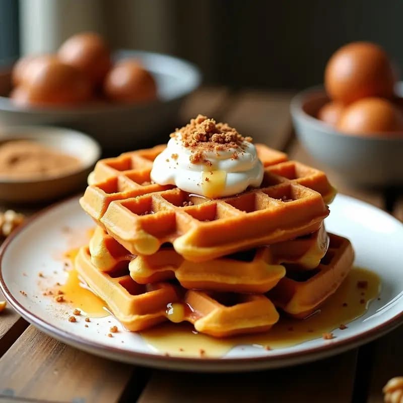 Waffles dorados y esponjosos de boniato y canela, apilados con trozos de nueces visibles, servidos en un plato blanco con un fondo rústico de madera. Toppings de yogur griego y un chorrito de miel.