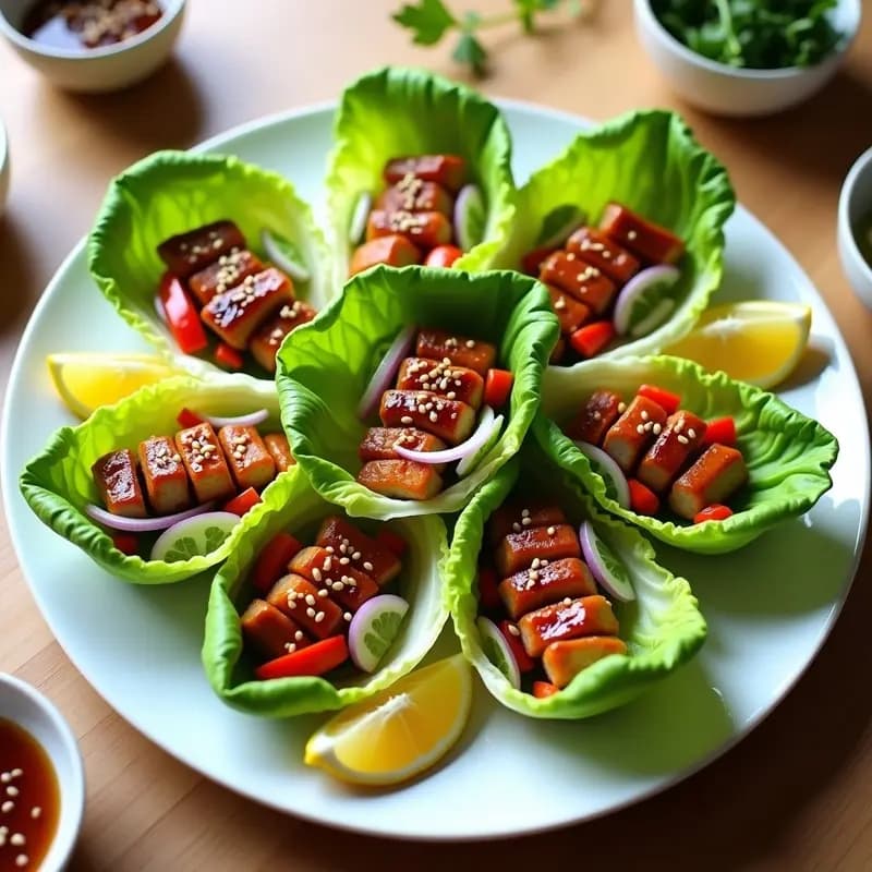 PWhoa Rolls de lechuga con pollo teriyaki coreano-japonés: hojas de lechuga romana rellenas de tiras de pollo glaseado, cebolla morada, pimiento rojo y semillas de sésamo, servidos en plato blanco con gajos de limón.