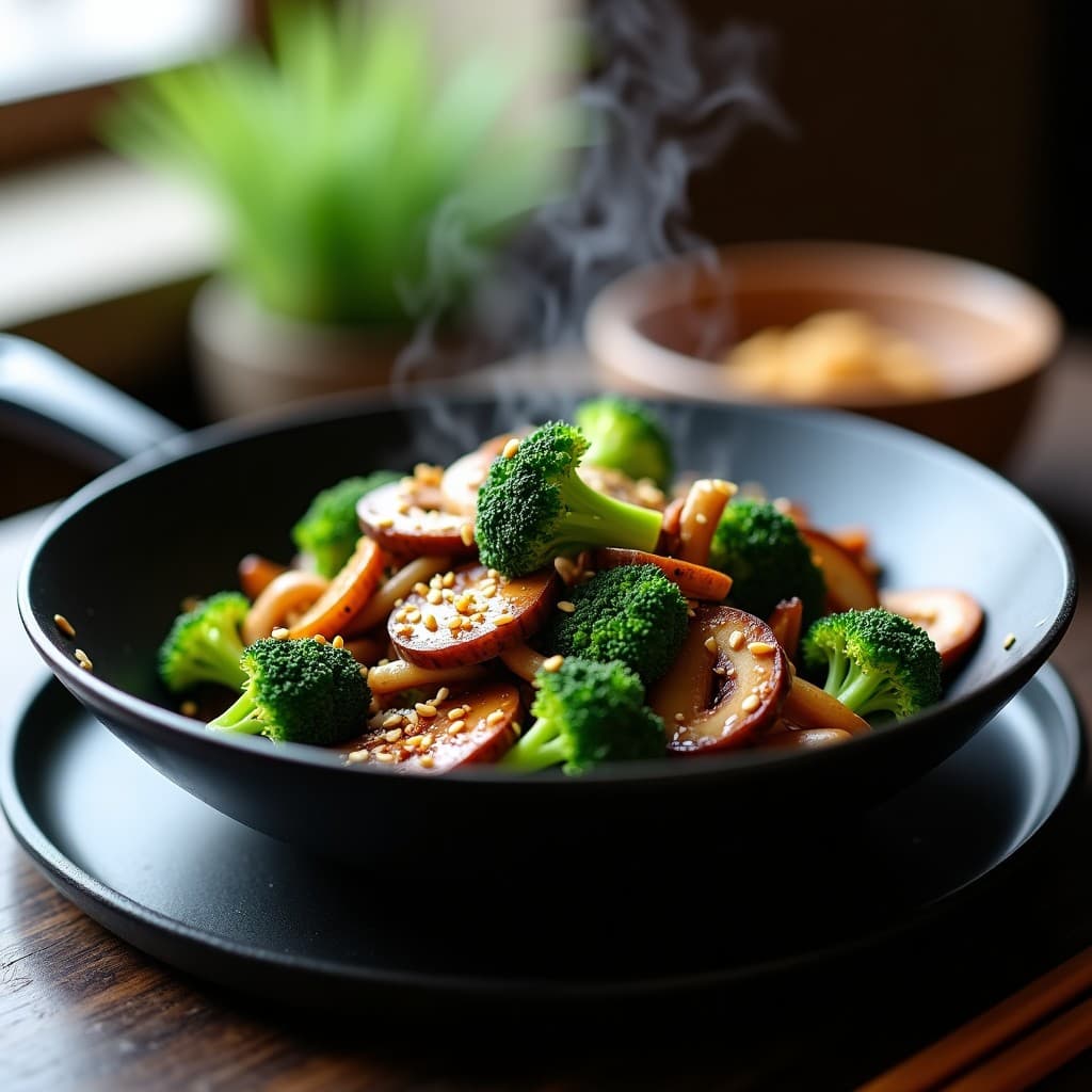 Wok de brócoli y champiñones shimeji salteados con salsa de ostas vegana, decorado con semillas de sésamo blanco y un toque de pimienta de Sichuan, servido en un plato hondo de cerámica negra.