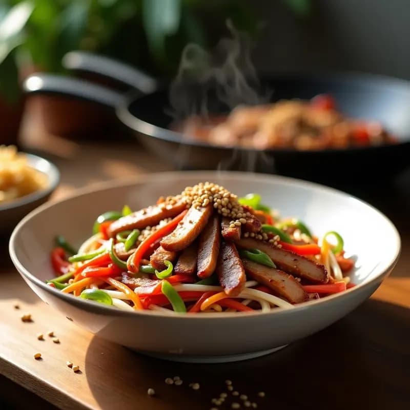 Wok colorido con brotes de soja frescos, tiras de pechuga de pato dorada y verduras salteadas, bañado en salsa hoisin brillante. Plato servido en un bol hondo con semillas de sésamo tostadas espolvoreadas por encima.