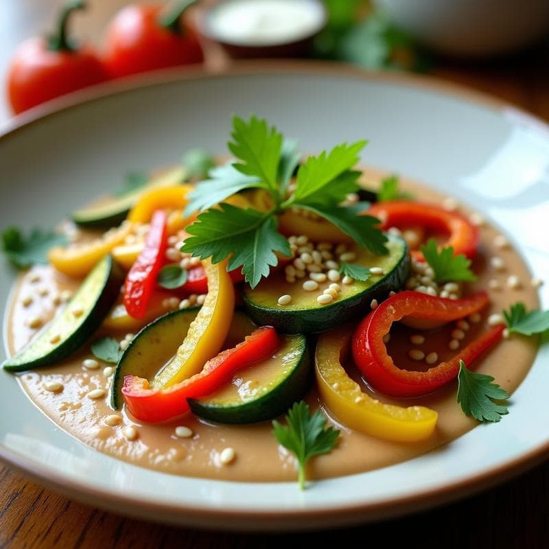 Wok de calabacín y pimiento rojo mariachi salteados, bañados en salsa de tahini cremosa, decorado con semillas de sésamo y cilantro fresco. Plato vegano y sin gluten servido en un bol blanco sobre fondo rústico.
