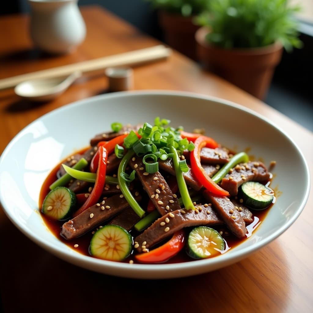 Wok de calabacín y ternera con salsa teriyaki sin azúcar en un plato hondo de cerámica blanca, decorado con semillas de sésamo y cebollino picado. Las tiras de ternera dorada y el calabacín en juliana brillan con la salsa espesa, acompañadas de pimiento rojo y cebolla morada salteados. Fondos desenfocados de cocina asiática.