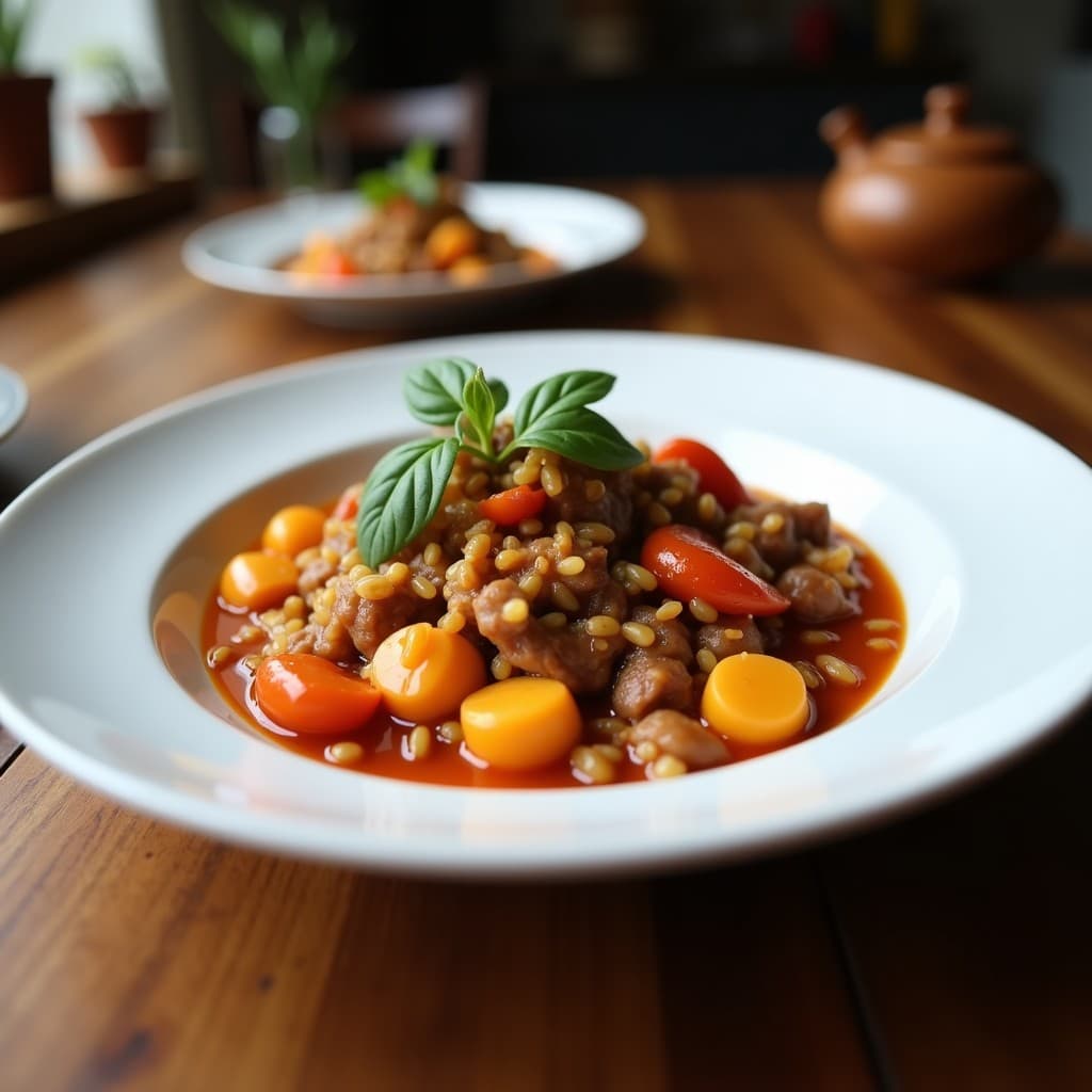 Wok de coliflor y carne de res con salsa de ostras servido en un plato hondo de cerámica blanca. La coliflor dorada y la carne en tiras brillantes bañadas en una salsa oscura y espesa, decorada con semillas de sésamo y cilantro fresco. Al fondo, un wok humeante y utensilios de madera sobre una mesa de bambú.