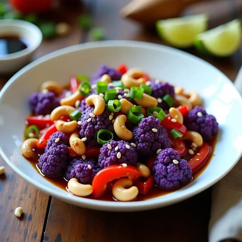 Wok de coliflor morada y anacardos con salsa de soja y miel servido en un plato hondo blanco, decorado con semillas de sésamo y cebollino fresco. La coliflor morada brilla con su color vibrante, mezclada con tiras de pimiento rojo y cebolla morada, y los anacardos dorados añaden un toque crujiente. Receta vegana china rápida y saludable.