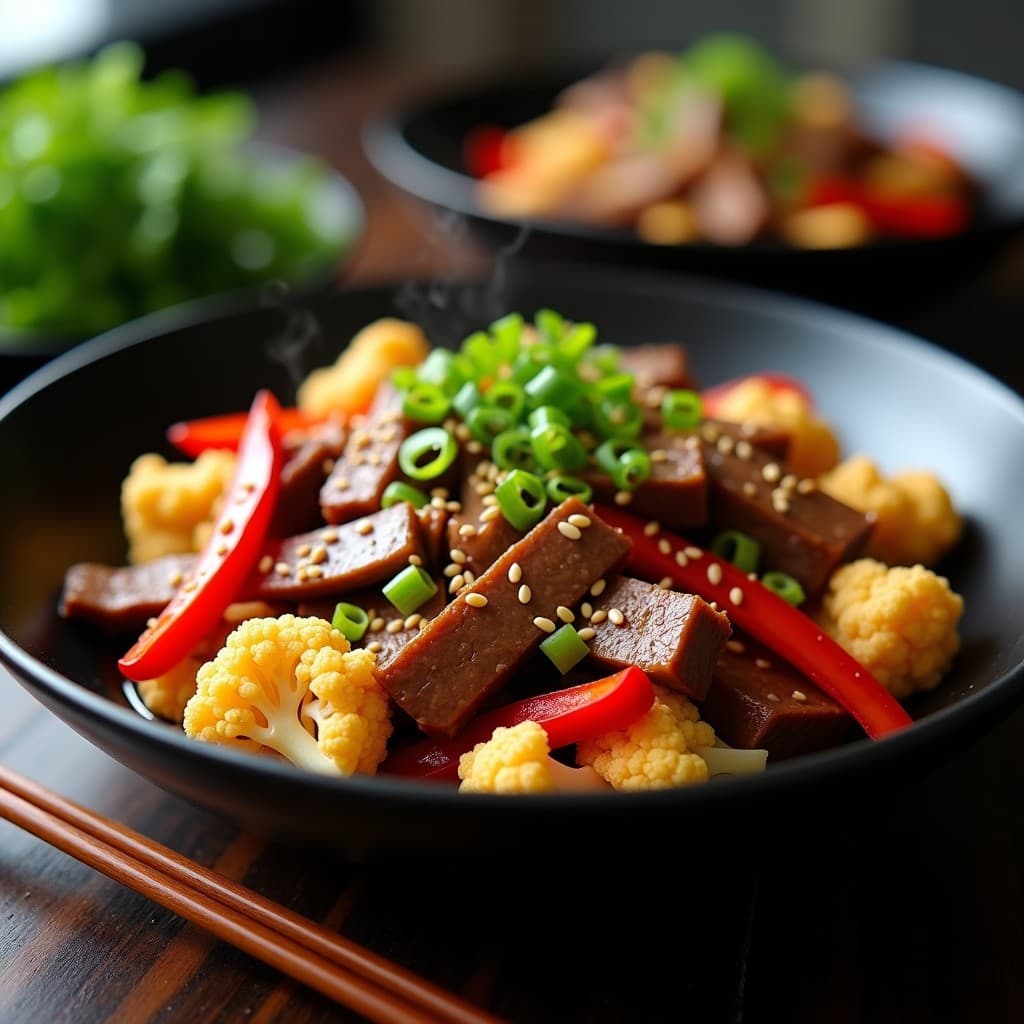 Plato de wok de coliflor y ternera en Thermomix, con trozos de carne dorada, coliflor crujiente, pimiento rojo, brotes de soja y semillas de sésamo, servido en un bol negro con cebollino fresco.