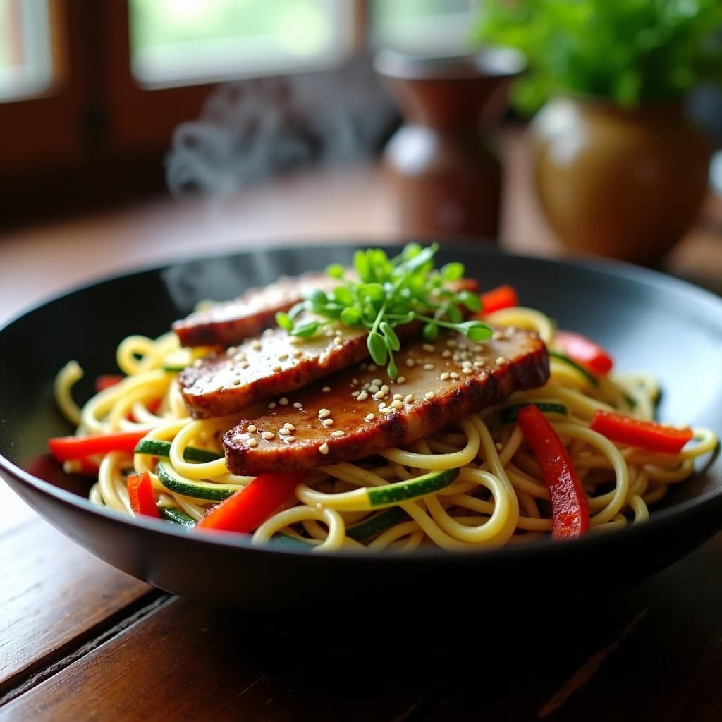 Wok humeante con espaguetis de calabacín dorados, tiras de cerdo glaseado en salsa hoisin, pimiento rojo, brotes de soja y semillas de sésamo, servido en un plato hondo de cerámica oscura con cebollino fresco. Receta china low carb.