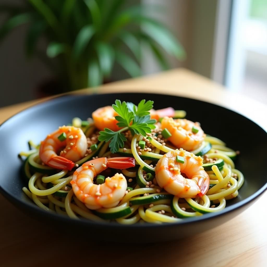 Plato de Wok de Espaguetis de Calabacín y Langostinos al Ajillo en Airfryer sin aceite, con tiras verdes de calabacín, langostinos rosados, semillas de sésamo y perejil fresco, servido en un bol negro de cerámica.