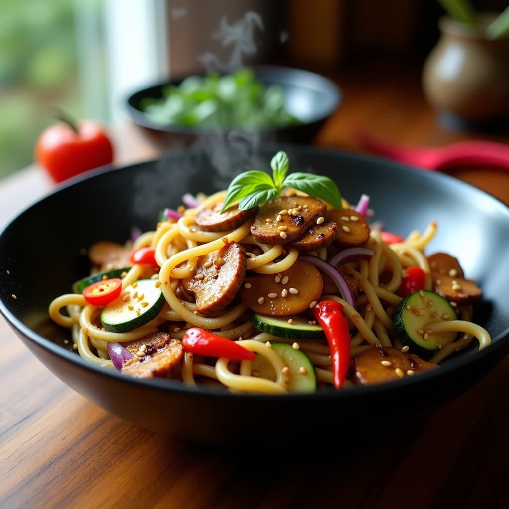 Wok de espaguetis de calabacín verdes y brillantes mezclados con láminas doradas de champiñones portobello, cebolla morada y pimiento rojo, bañados en una salsa oscura de soja y jengibre. Decorado con semillas de sésamo y rodajas de guindilla. Receta keto china en olla lenta.