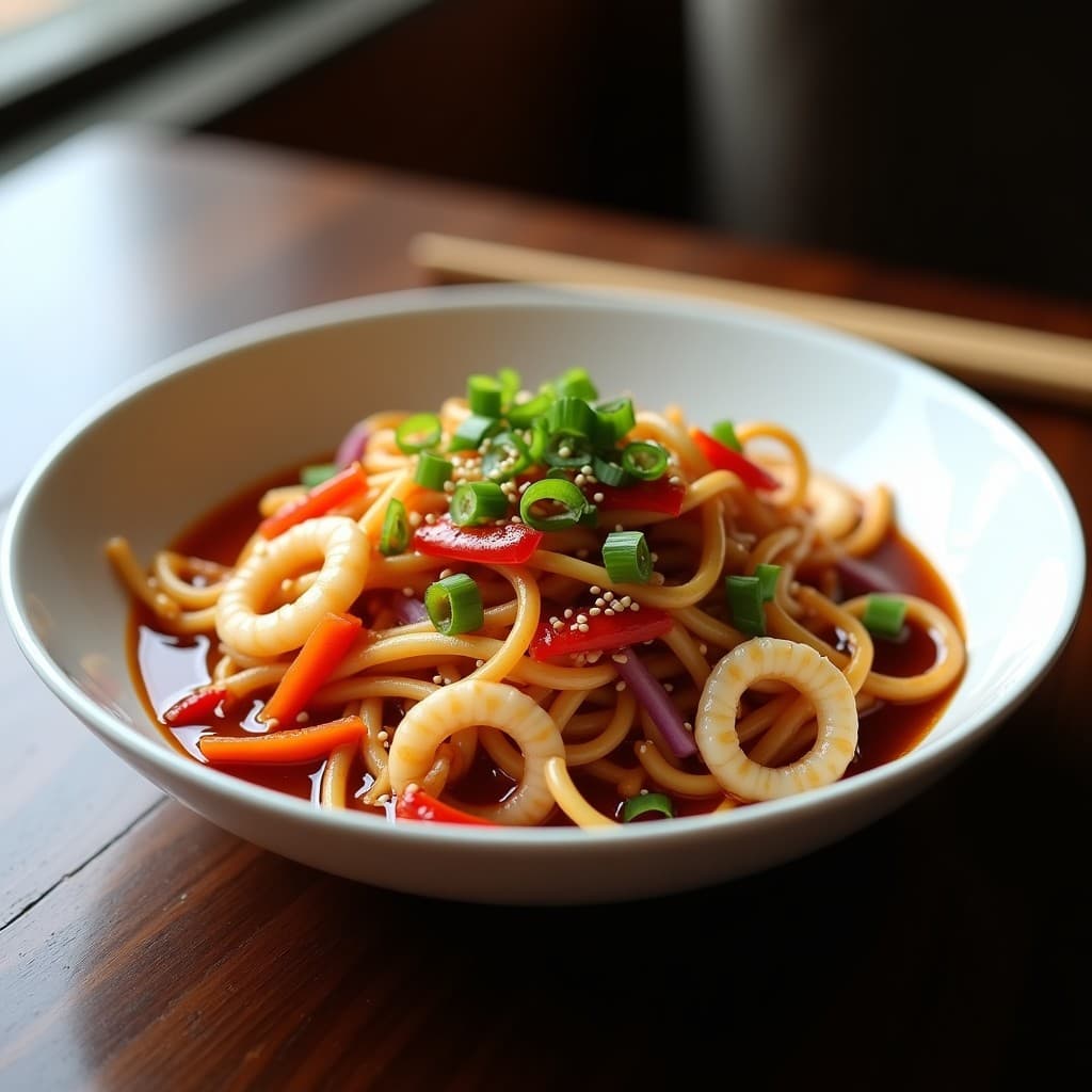 Wok de espaguetis de calamar y verduras coloridas con salsa de ostras, servido en un bol blanco con semillas de sésamo y cebollino, receta china rápida y saludable.