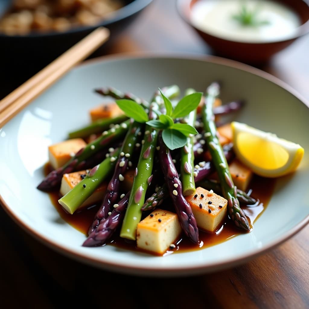 Wok de espárragos morados y tofu sedoso con salsa de sésamo negro servido en un bol de cerámica blanca, con espárragos en tonos violetas, tofu cremoso dorado y semillas de sésamo negro espolvoreadas. Plato vegano crujiente y colorido, ideal para comida saludable.