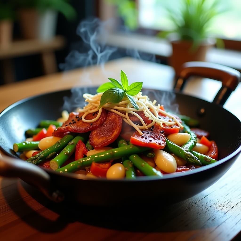 Wok de espárragos trigueros verdes salteados con tiras doradas de bacon de tempeh, decorado con semillas de sésamo y cilantro fresco. Plato vegano con toque ahumado servido en un bol de cerámica negra.