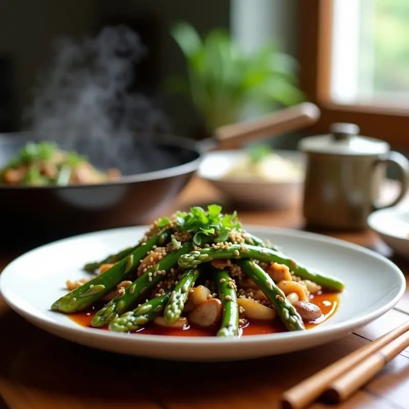 Wok colorido de espárragos tigers y champiñones shiitake salteados en airfryer, con salsa de ostra vegana brillante, decorado con semillas de sésamo y cebollino fresco sobre un plato blanco.