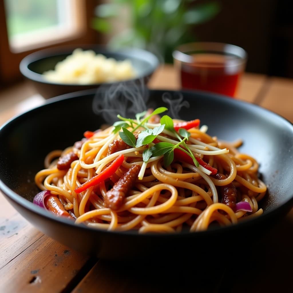 Wok de fideos de arroz blancas y suaves mezcladas con tiras de cerdo dorado, pimiento rojo asado y cebolla morada, bañadas en salsa hoisin oscura. Decorado con cebollino picado y brotes de soja frescos. Plato servido en un bol de cerámica negra con fondo de madera rústica.