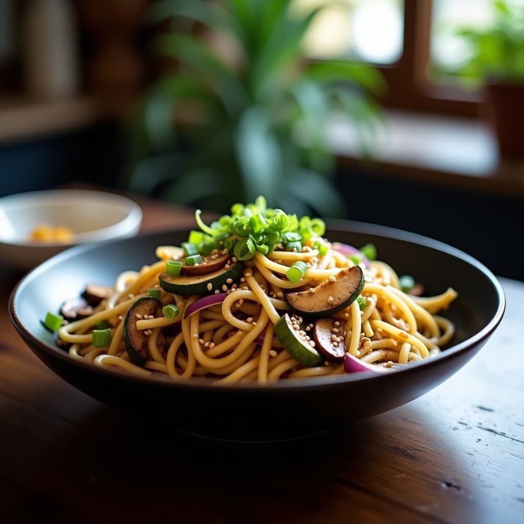 Wok humeante con fideos de calabacín dorados, hongos shiitake salteados, brotes de soja y cebolla morada, decorado con semillas de sésamo y cebollino. Plato bajo en carbohidratos con autentico estilo chino keto.