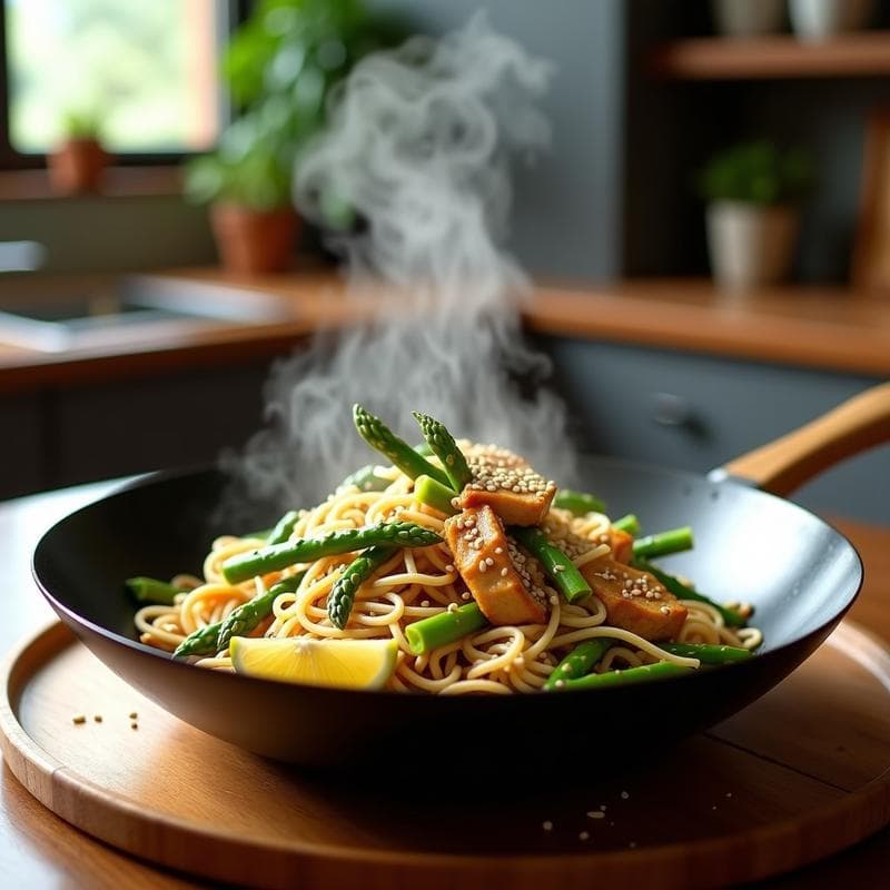 Wok humeante con fideos de konjac transparentes, espárragos verdes troceados, tiras de pollo dorado y semillas de sésamo, bañados en salsa teriyaki light brillante. Plato keto bajo en carbohidratos con fondo de cocina moderna.