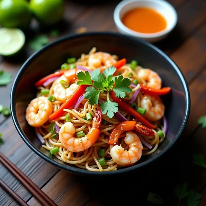 Wok colorido de fideos de konjac transparentes con langostinos rosados, pimiento rojo, cebolla morada y zanahoria en juliana, bañado en salsa de cítricos brillante. Decorado con cacahuetes picados, cilantro fresco y un hilo de aceite de sésamo en un bol negro de cerámica. Receta tailandesa keto y sin calorías.