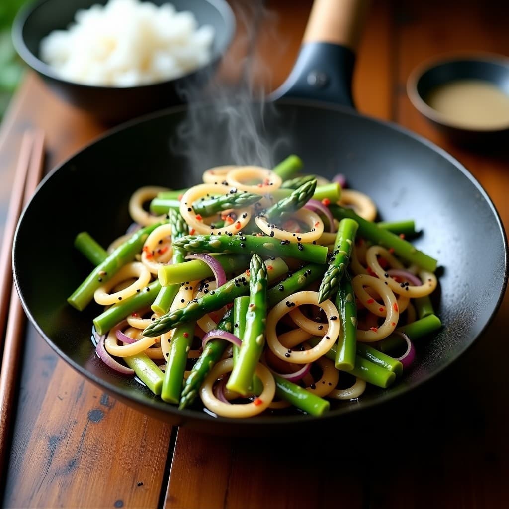 Wok humeante con germinados de soja frescos, espárragos trigueros tiernos, brotes de bambú y salsa de ostras veganas, decorado con semillas de sésamo negro y cebolla morada. Plato colorido y vibrante típico de la cocina china rápida y saludable.