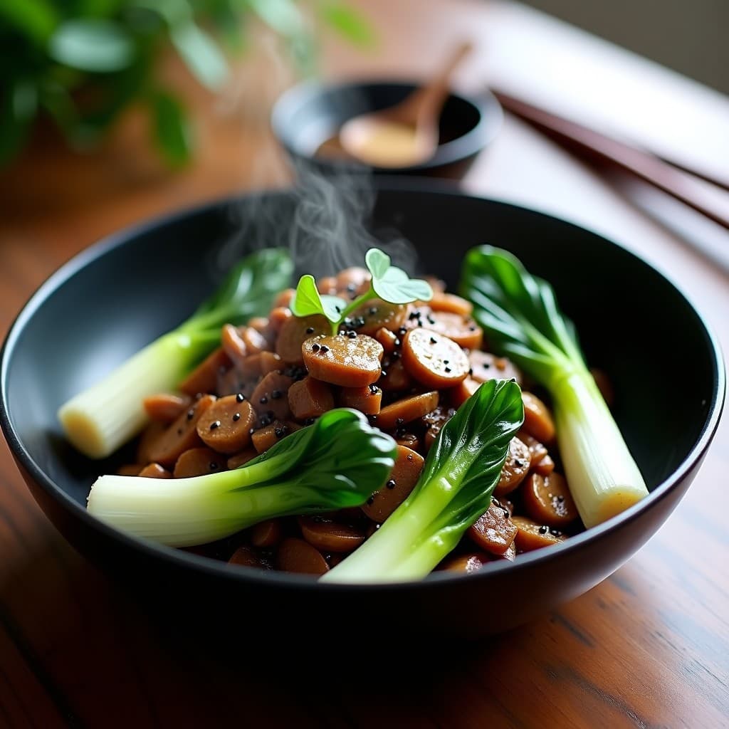 Wok de pak choi y ternera con salsa de ostra vegana keto, servido en plato hondo de cerámica negra. Ternera en tiras doradas, pak choi baby salteado al dente, champiñones shiitake y semillas de sésamo negro. Brillo umami de la salsa y textura crujiente de las verduras.