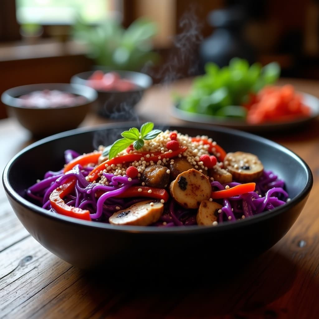 Wok de repollo morado y champiñones portobello salteados con salsa de tamari, decorado con semillas de sésamo y guindilla, servido en un plato hondo negro con fondo de madera rústica.
