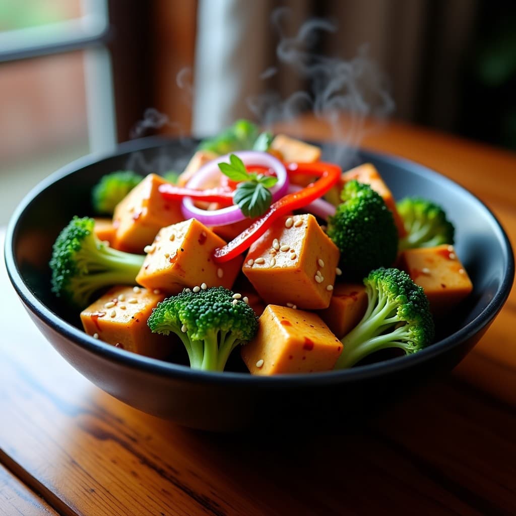 Wok de tofu dorado y brócoli al dente bañados en salsa teriyaki brillante, servido en un bol negro con semillas de sésamo espolvoreadas y decorado con tiras de pimiento rojo y cebolla morada.