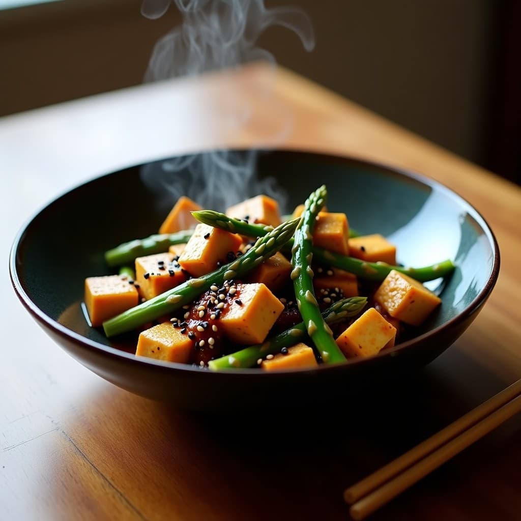 Wok de tofu dorado y espárragos trigueros salteados con salsa de ostra vegetal espesa y brillante, decorado con semillas de sésamo negro y servido en plato hondo de cerámica oscura, receta vegana alta en umami.
