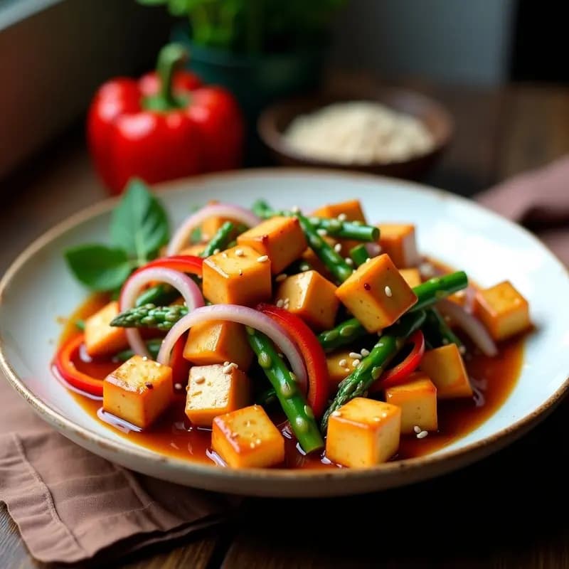 Wok de tofu dorado y espárragos trigueros salteados en airfryer, bañados en salsa de ostras vegetal brillante, con semillas de sésamo espolvoreadas y trozos de cebolla morada y pimiento rojo. Plato colorido y apetecible típico de la cocina china vegana.