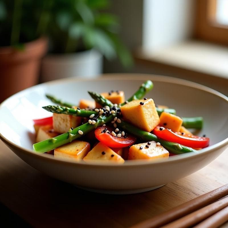 Plato hondo de cerámica blanca con wok de tofu crujiente dorado, espárragos trigueros verdes salteados y salsa teriyaki brillante, espolvoreado con semillas de sésamo negro, sobre fondo de madera rústica.